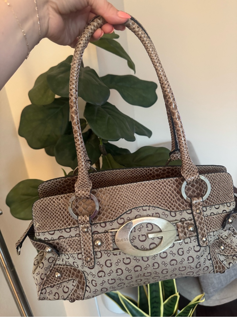 Vintage - Y2K - Guess-G-Logo Monogram Brown Snakeskin Shoulder Bag/Satchel/Purse